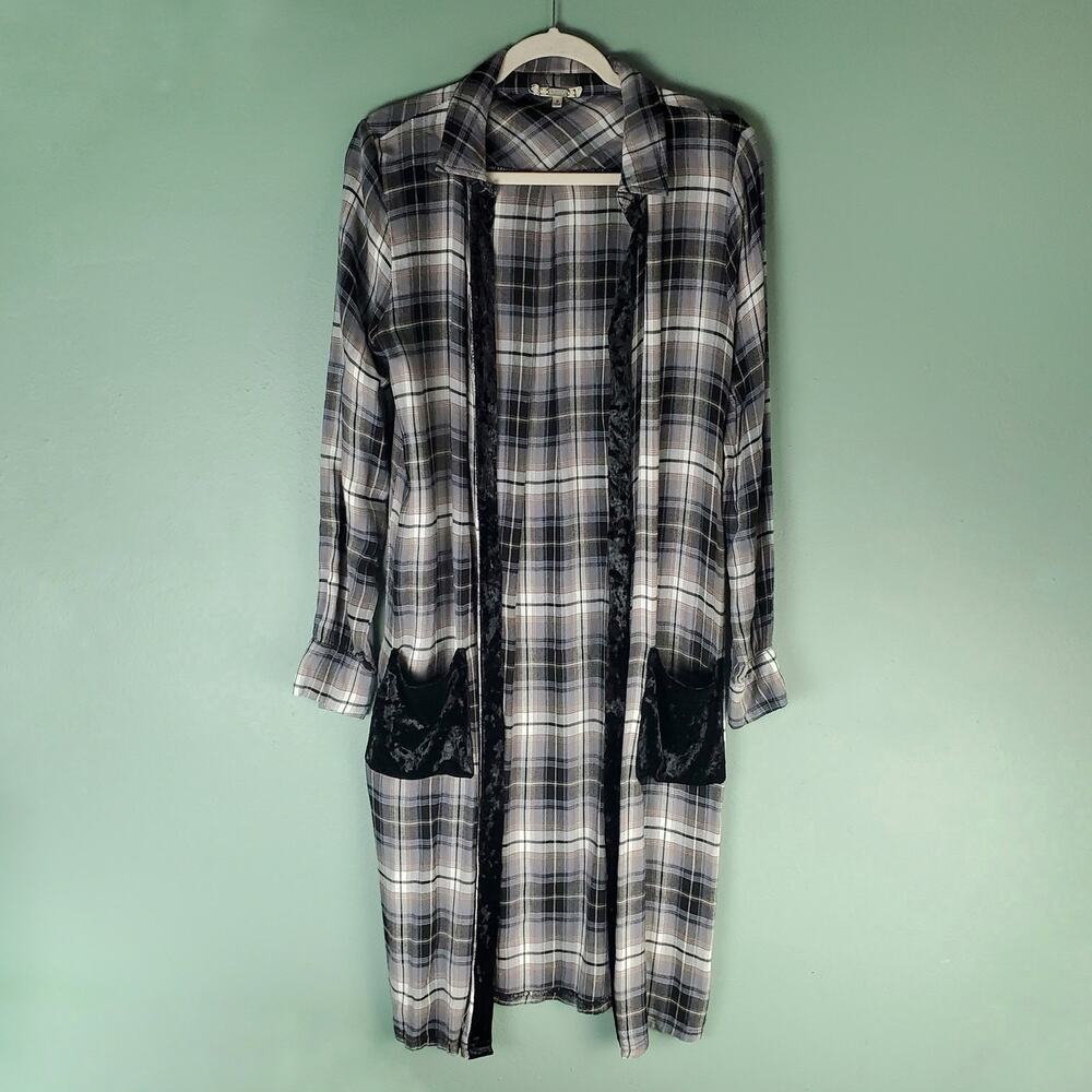 Gimmicks Women's Black Multi Plaid Duster Kimono Velvet Trim Size Small